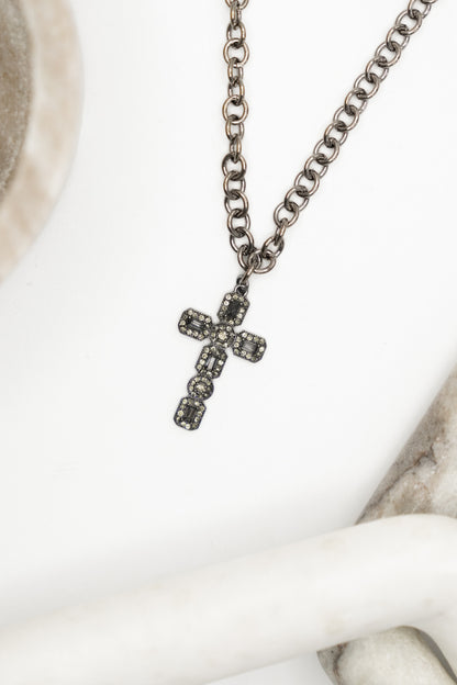 Love, Poppy Gunmetal Crystal Embedded Cross Necklace - Freckled Poppy