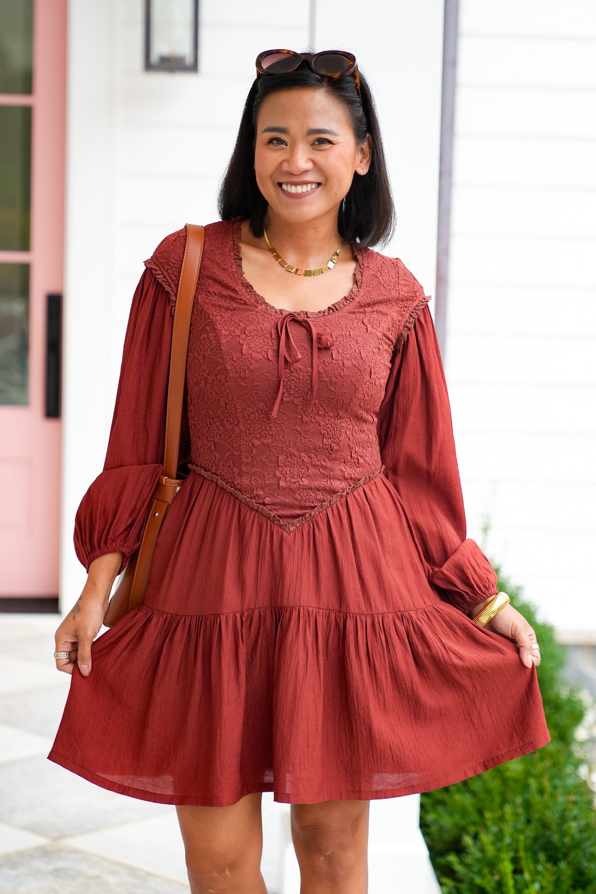 Brick Long Sleeve Drop Waist Dress - Freckled Poppy