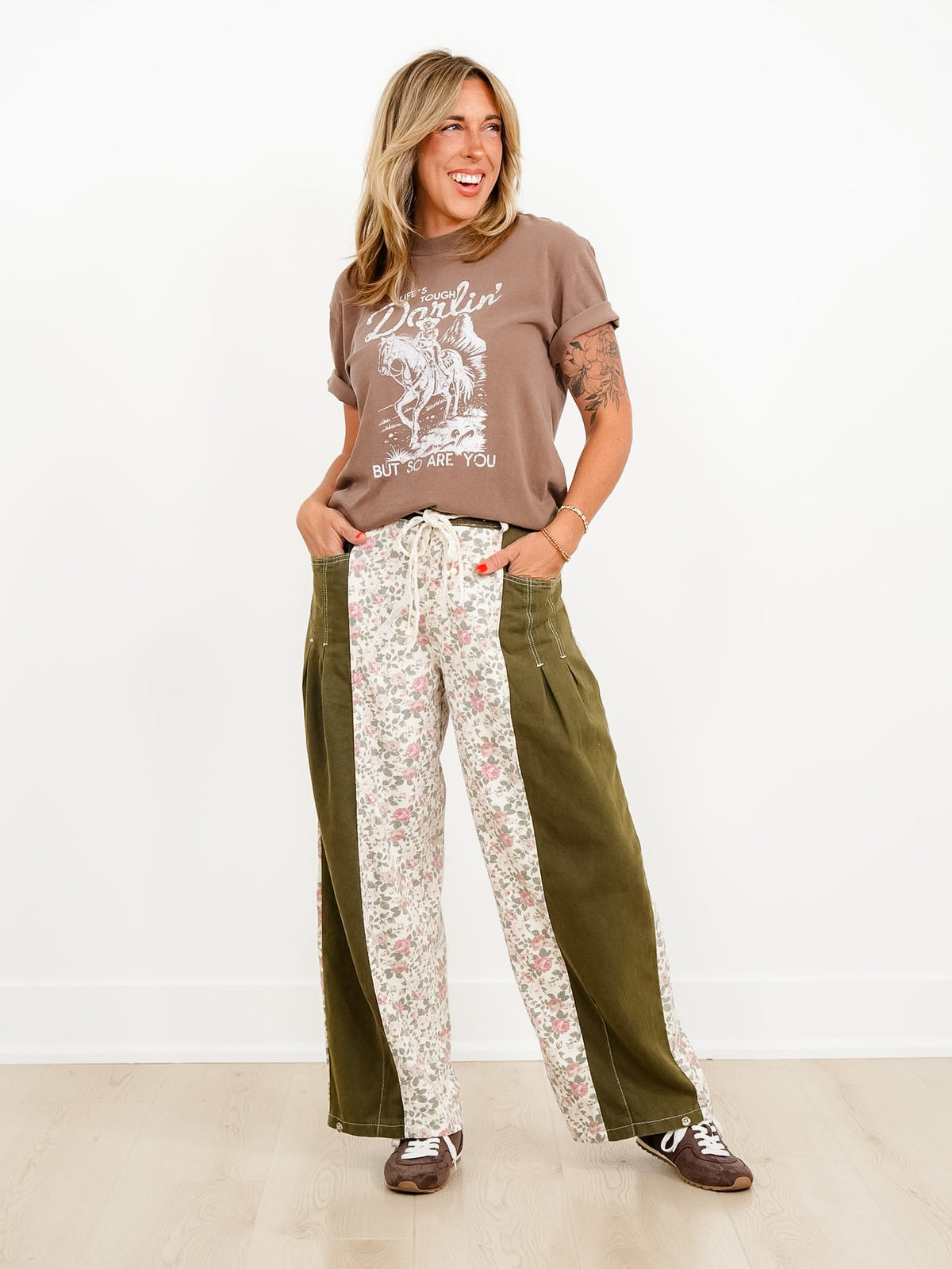 POL Floral Color Block Pants with Pleated Pockets - Freckled Poppy