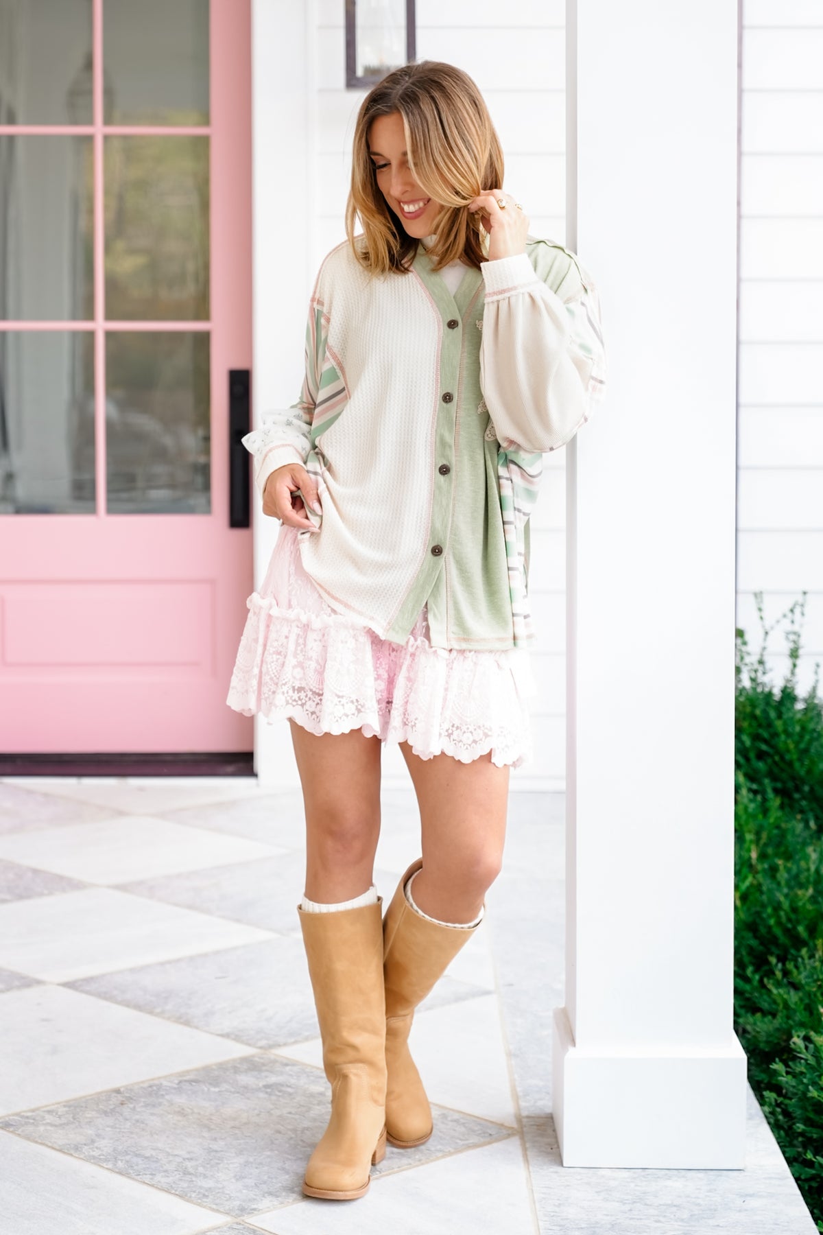Contrast Long Sleeve Button Down Top with Star Patch - Freckled Poppy