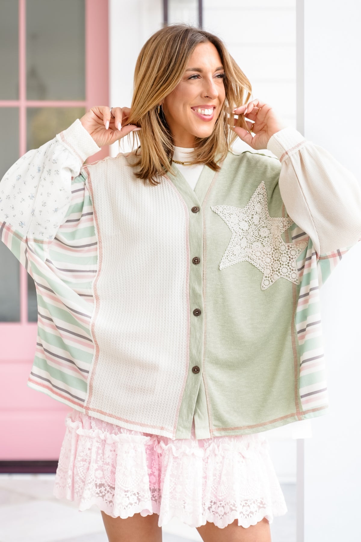 Contrast Long Sleeve Button Down Top with Star Patch - Freckled Poppy