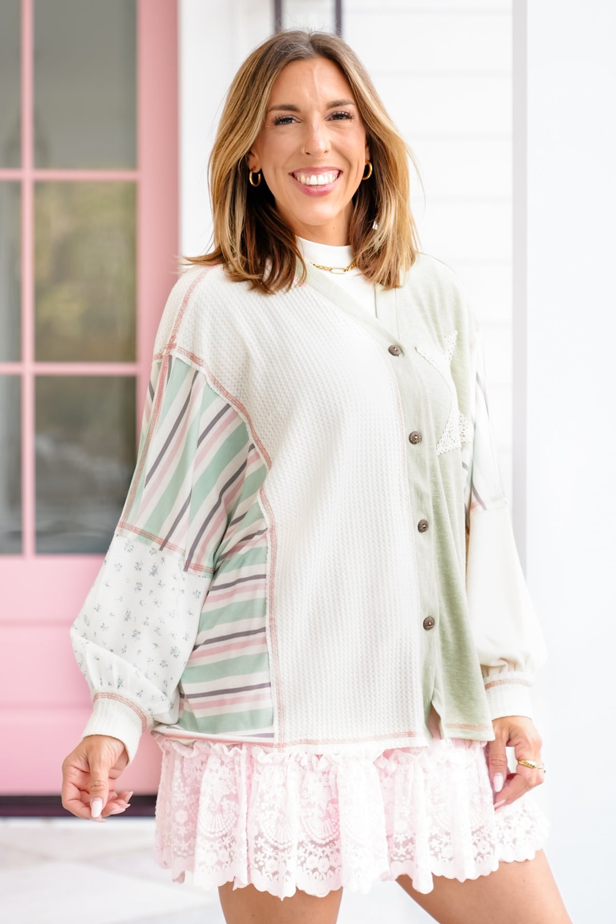 Contrast Long Sleeve Button Down Top with Star Patch - Freckled Poppy