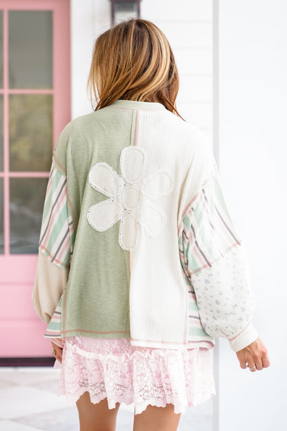 Contrast Long Sleeve Button Down Top with Star Patch - Freckled Poppy
