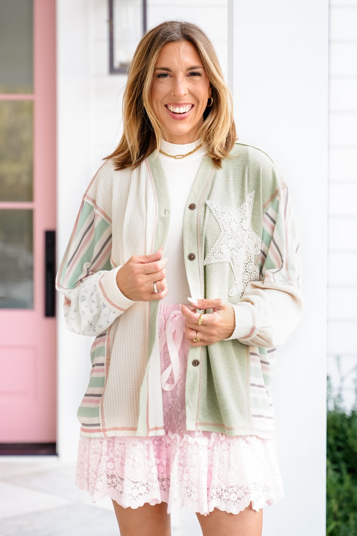 Contrast Long Sleeve Button Down Top with Star Patch - Freckled Poppy