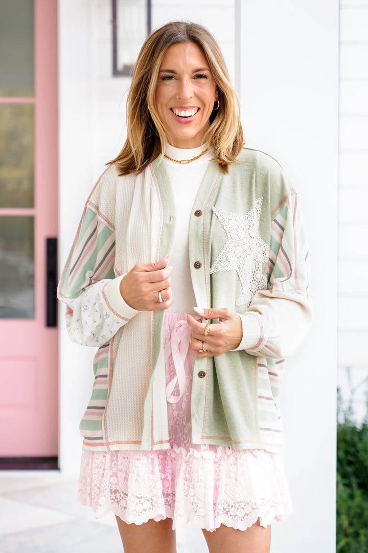 Contrast Long Sleeve Button Down Top with Star Patch - Freckled Poppy
