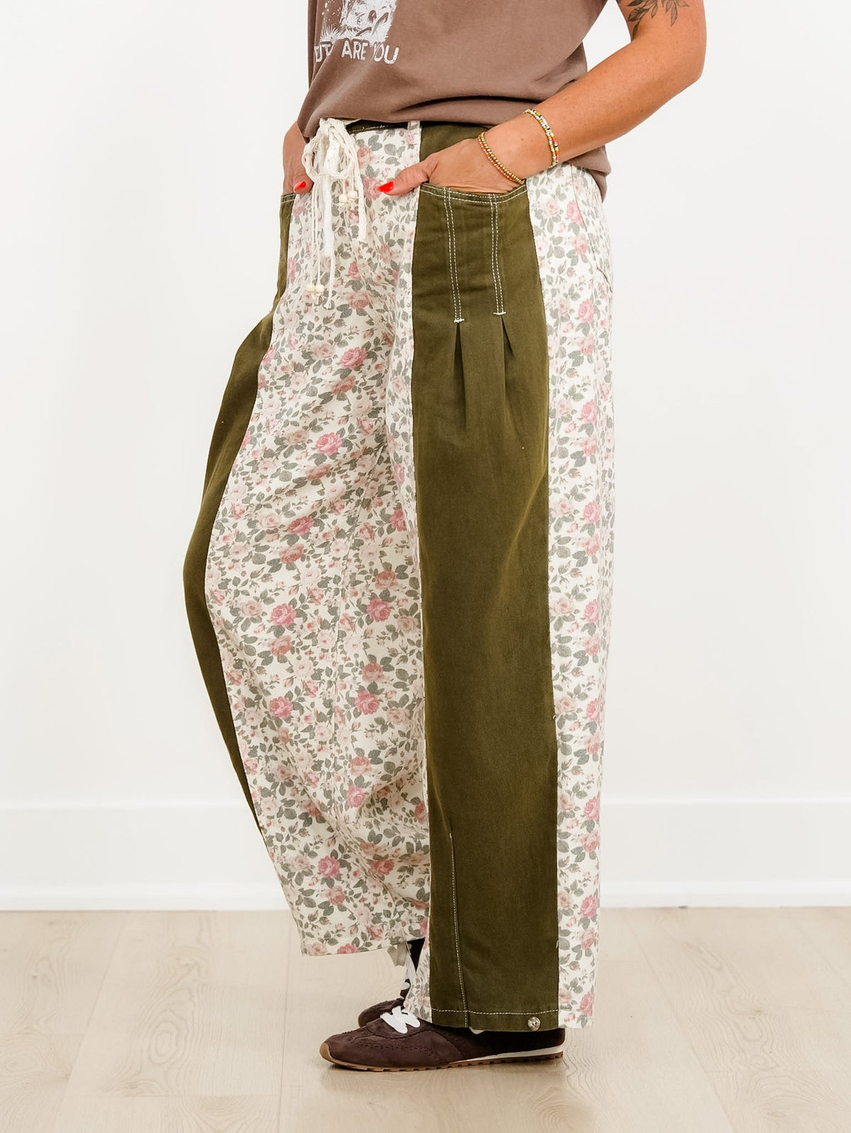 POL Floral Color Block Pants with Pleated Pockets - Freckled Poppy
