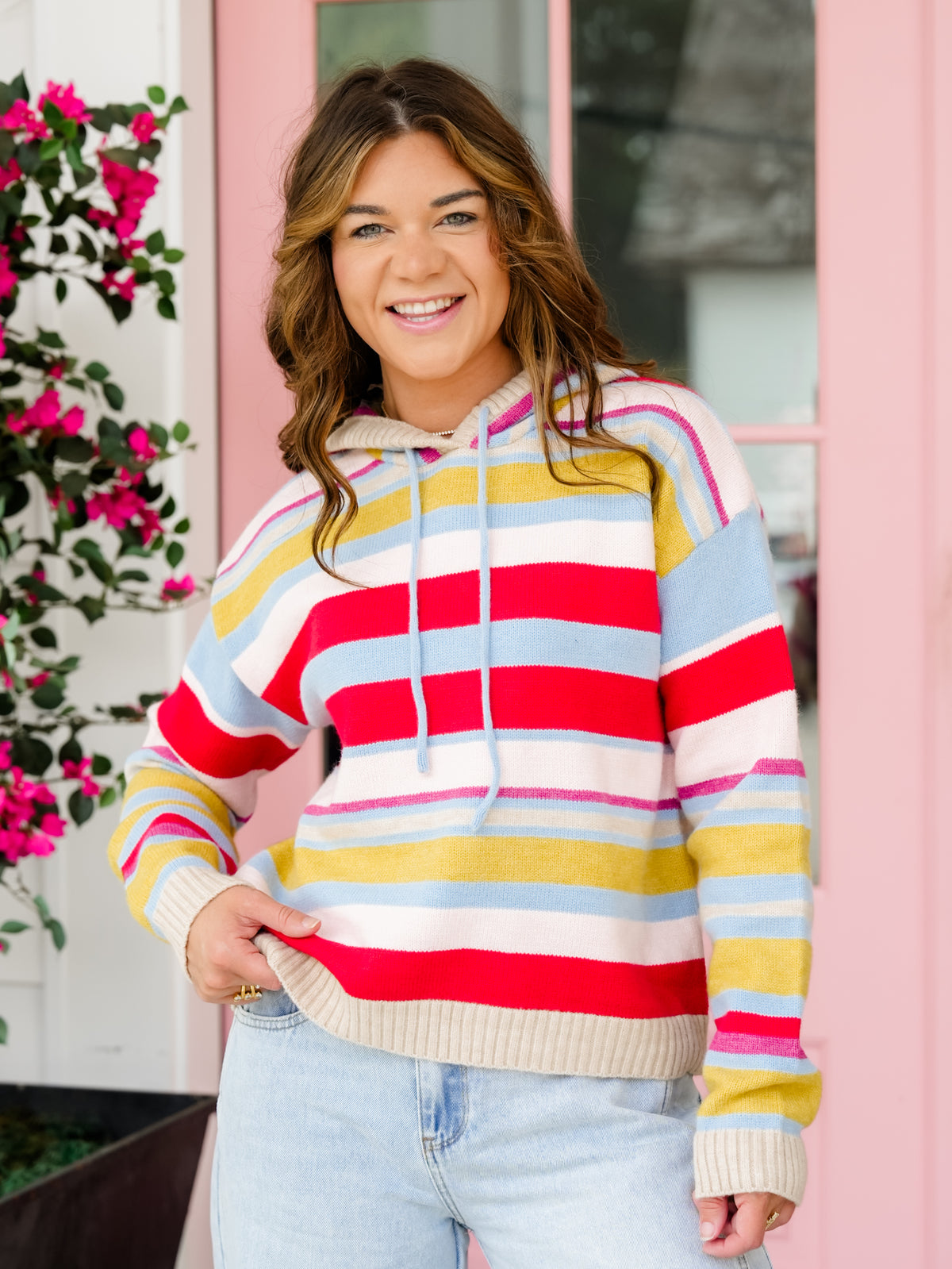 Multi Color Stripe Long Sleeve Hooded Sweater - Freckled Poppy