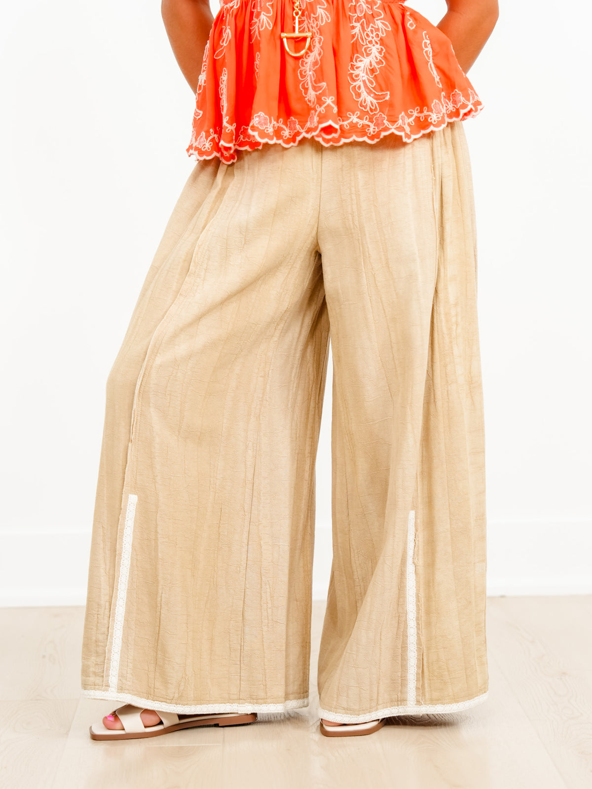 POL Gauze Elastic Waist Wide Leg Pants - Freckled Poppy