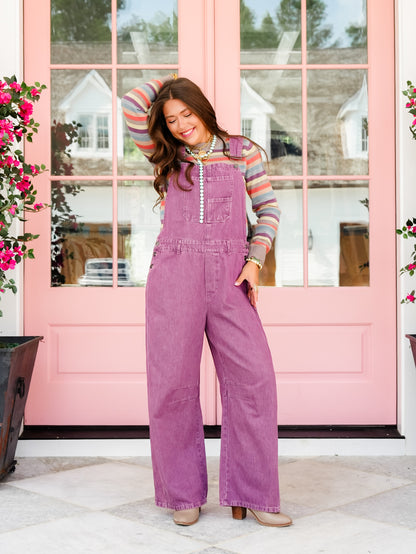 Mineral Wash Barrel Leg Bib Overalls - Freckled Poppy