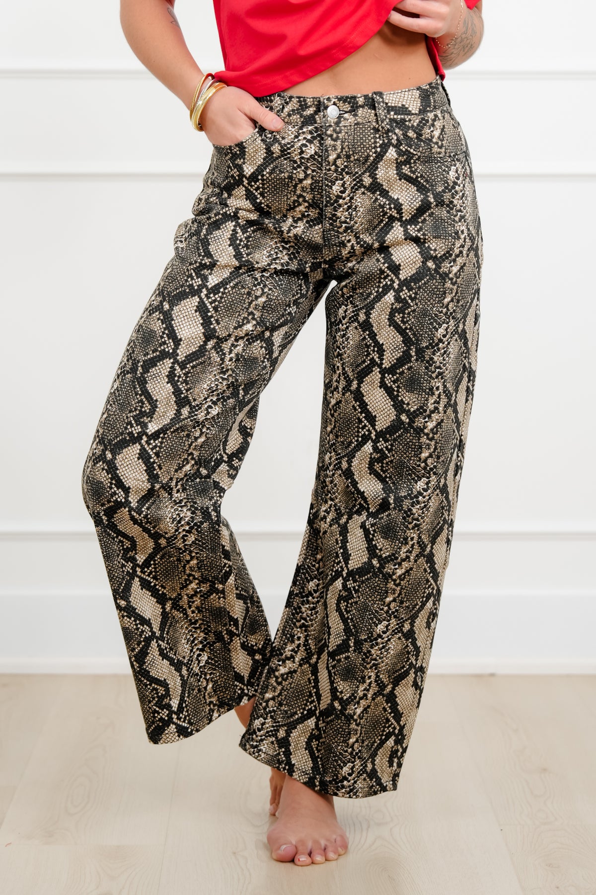 Snake Print Wide Leg Barrel Cropped Pants - Freckled Poppy
