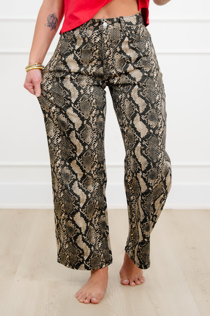 Snake Print Wide Leg Barrel Cropped Pants - Freckled Poppy