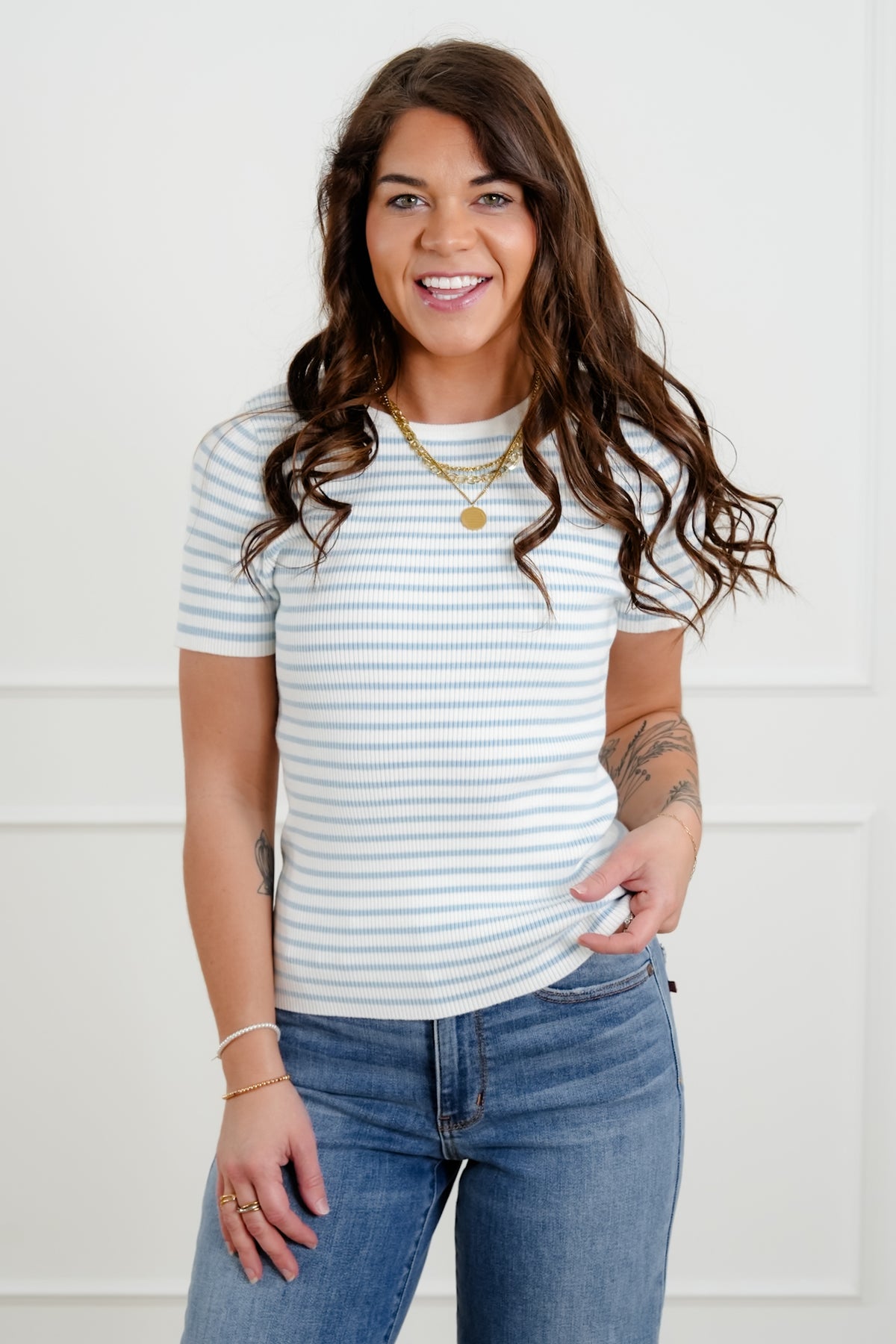 Stripe Ribbed Short Sleeve Round Neck Top - Freckled Poppy