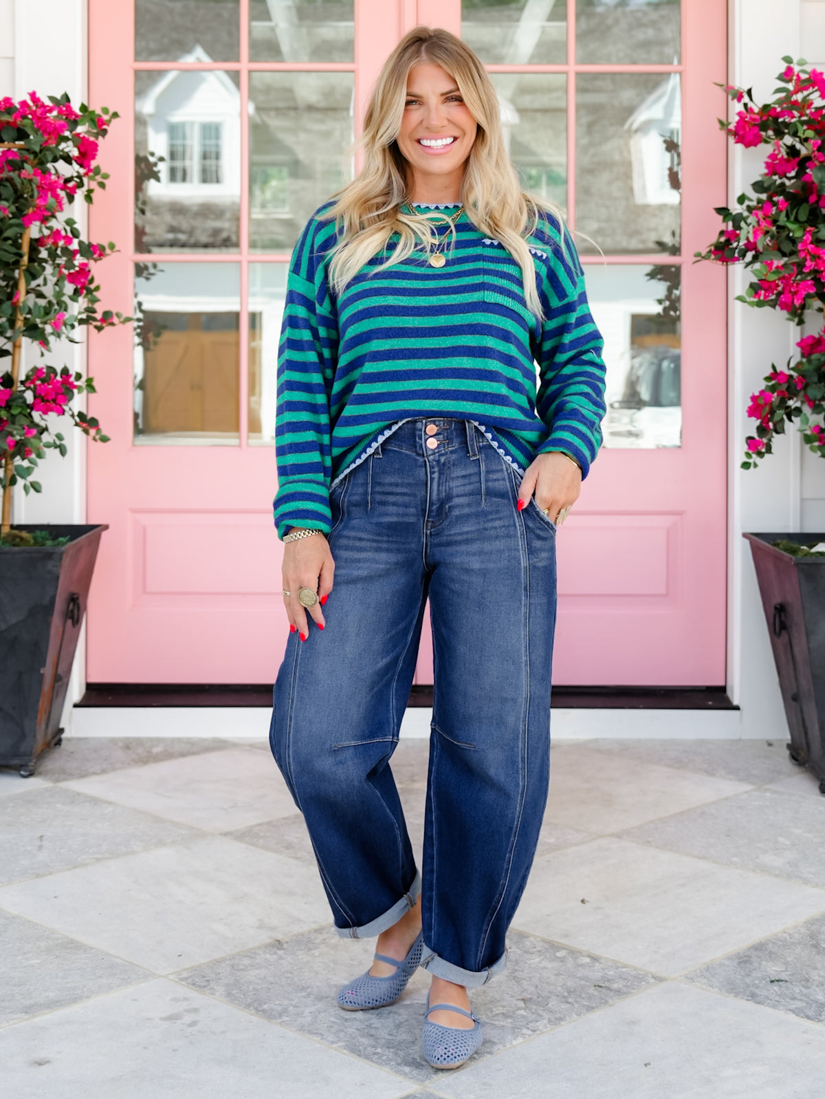 Risen High Rise Dark Wash Barrel Jeans With Double Cuff - Freckled Poppy