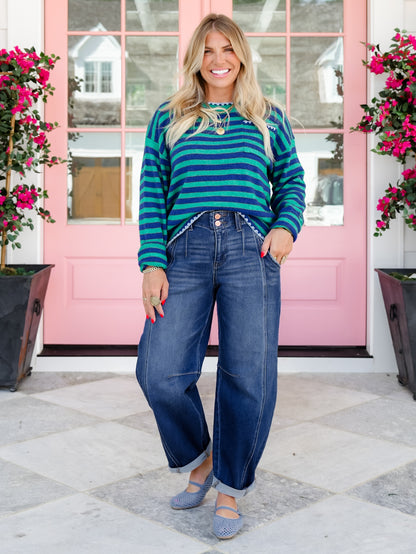 Risen High Rise Dark Wash Barrel Jeans With Double Cuff - Freckled Poppy