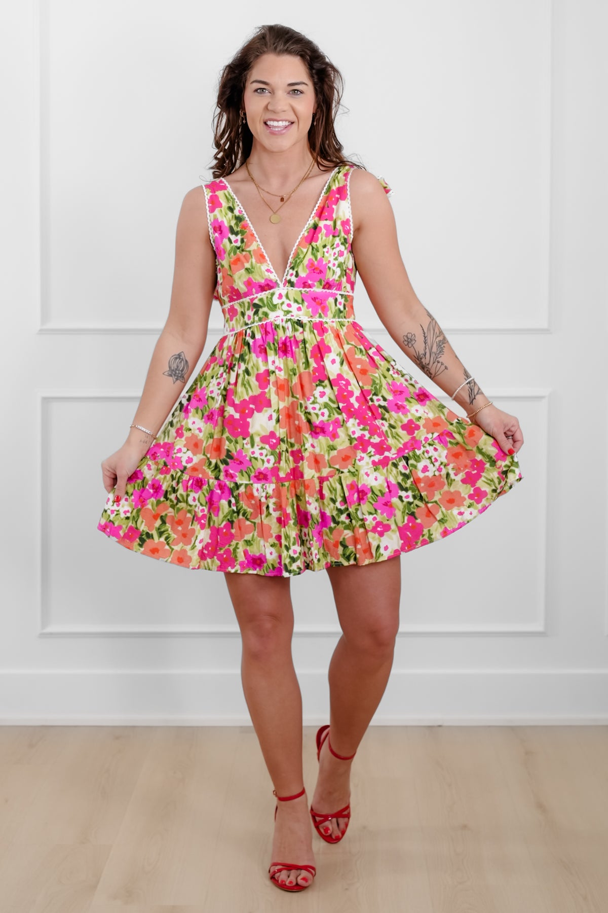 Floral Sleeveless Deep V-Neck Dress - Freckled Poppy