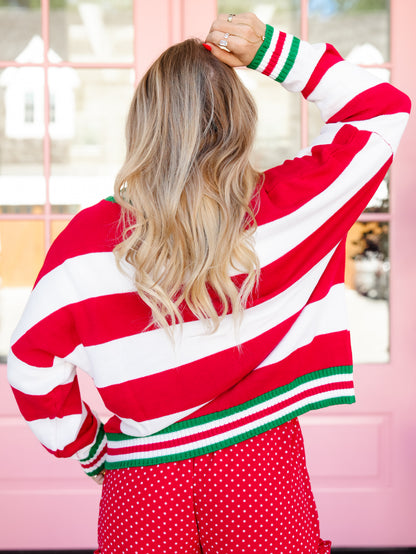 Plus/Reg JESS LEA Long Sleeve Festive Stripes Button Down Knit Cardigan
