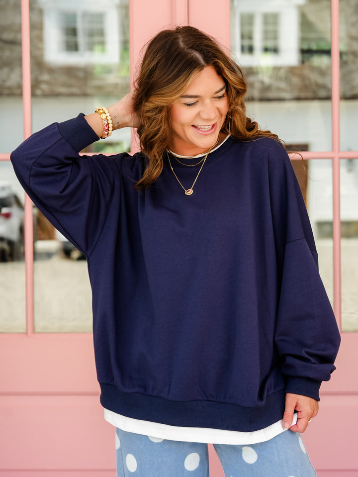 Solid Long Sleeve Crew Neck Layered Look Sweatshirt - Freckled Poppy