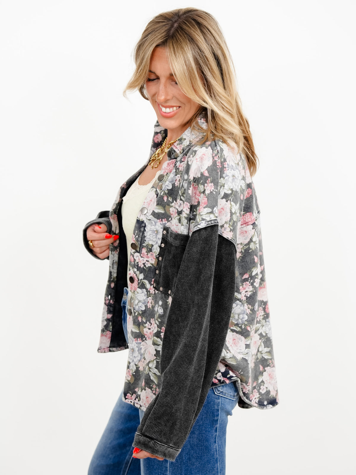 POL Floral Print Long Sleeve Button Down Shacket with Knit Contrast - Freckled Poppy