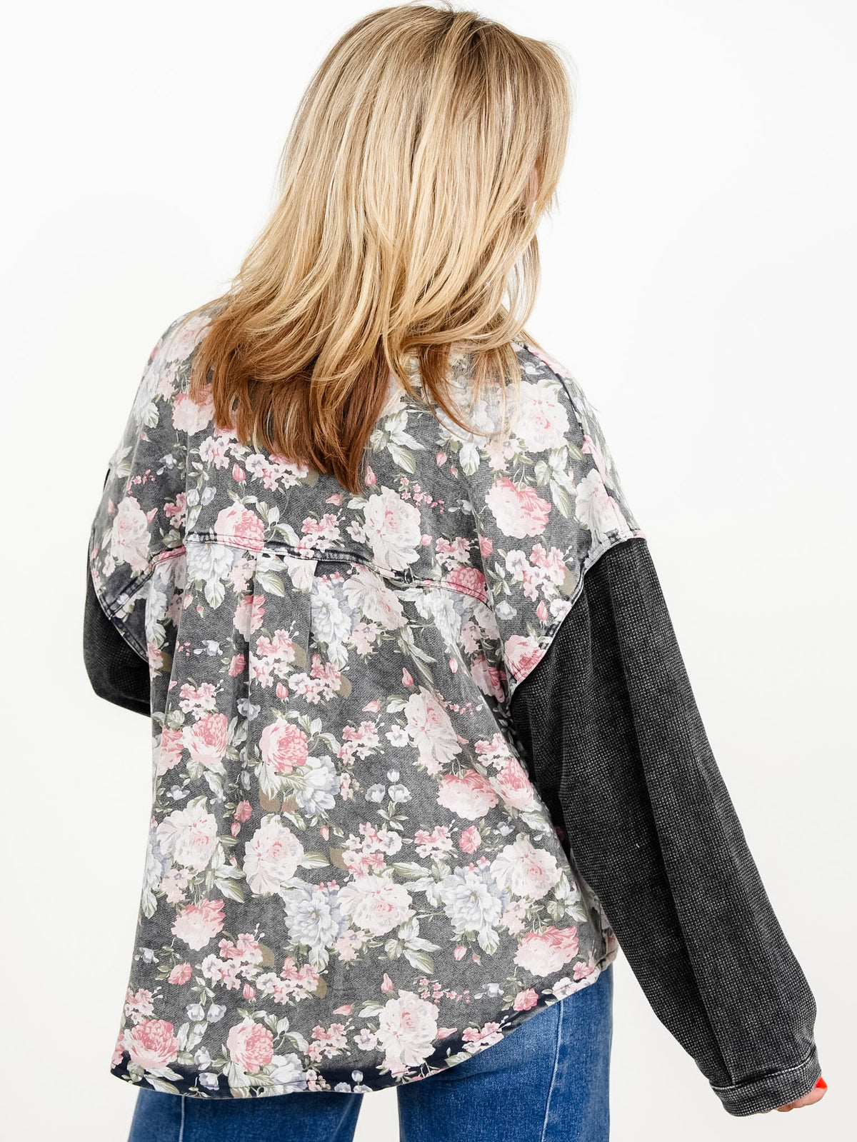 POL Floral Print Long Sleeve Button Down Shacket with Knit Contrast - Freckled Poppy