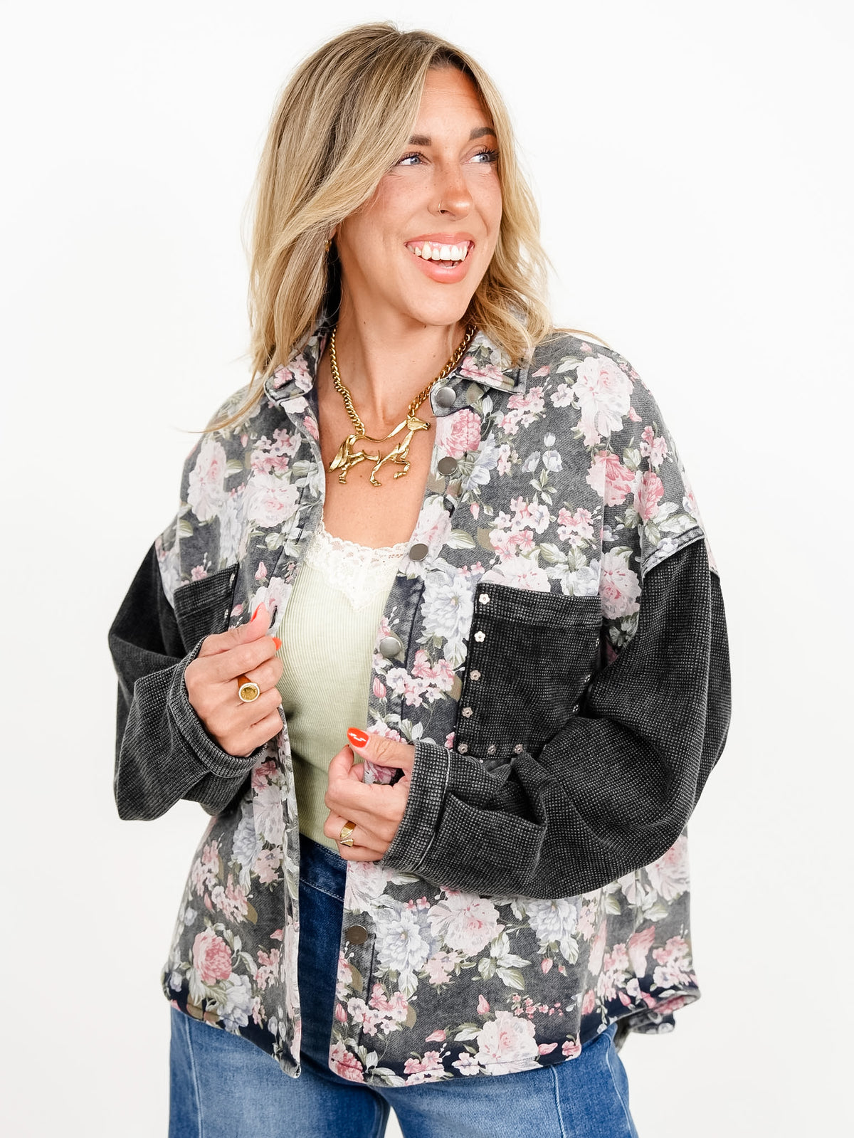 POL Floral Print Long Sleeve Button Down Shacket with Knit Contrast - Freckled Poppy