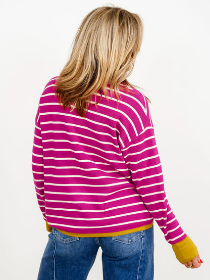 Stripe Long Sleeve Sweater with Contrast Trim - Freckled Poppy