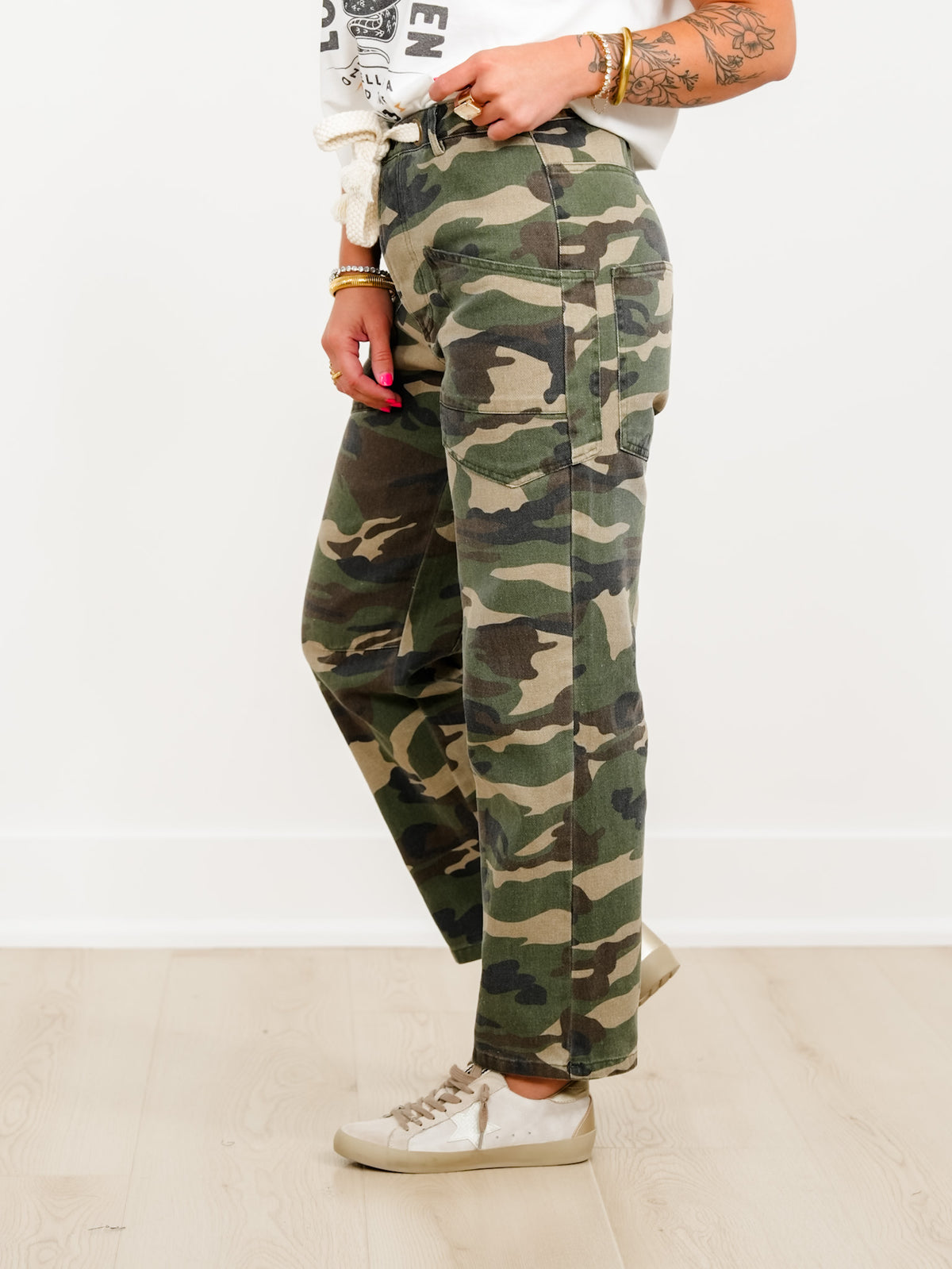 Vintage Washed Camouflage Cargo Pants with Rope Belt - Freckled Poppy