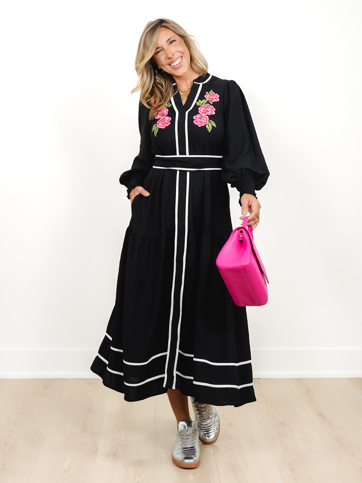 Plus/Reg Long Sleeve Midi Dress with Floral Embroidery - Freckled Poppy
