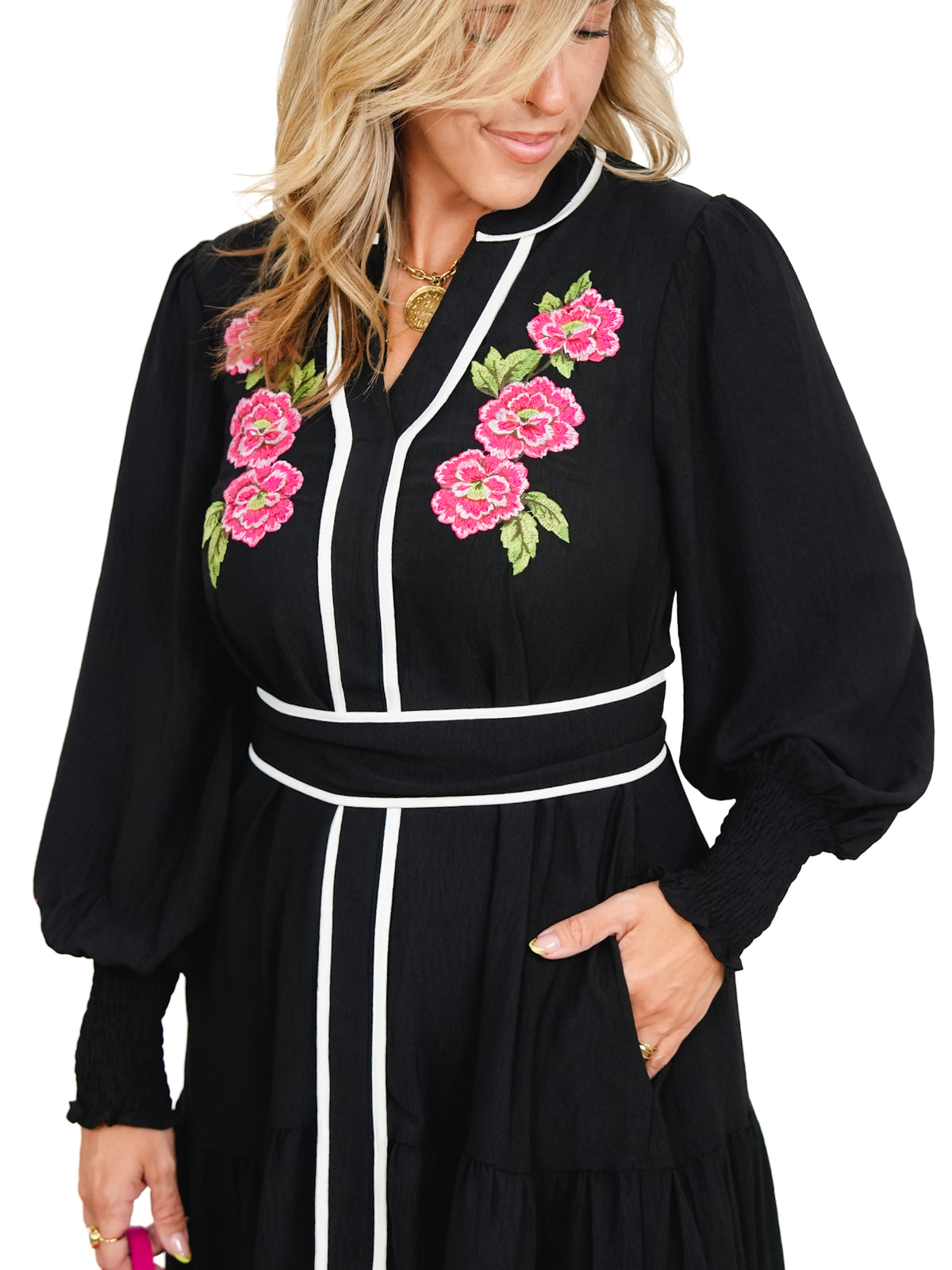 Plus/Reg Long Sleeve Midi Dress with Floral Embroidery - Freckled Poppy