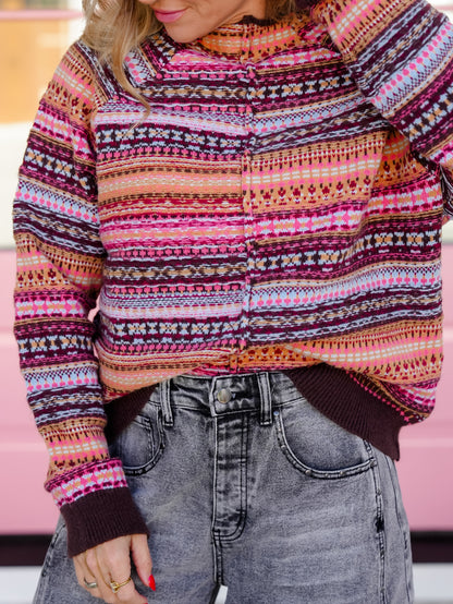 Multi Color Knit Long Sleeve Mock Neck Sweater - Freckled Poppy