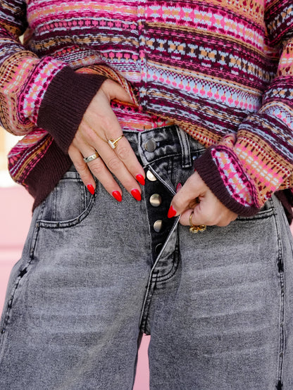 Black Wash Barrel Jeans with Studs and Star Detail - Freckled Poppy