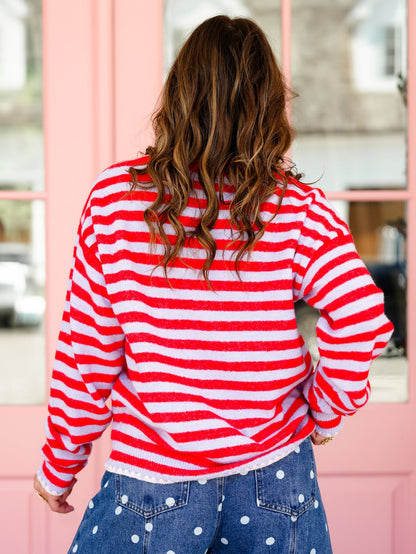 Stripe Long Sleeve Pullover Sweater with Crochet Trim - Freckled Poppy