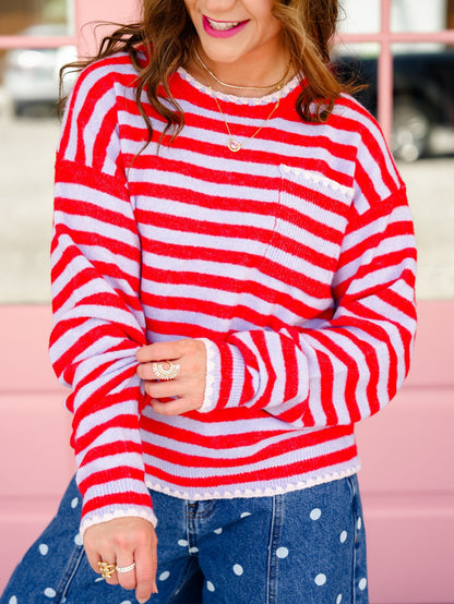 Stripe Long Sleeve Pullover Sweater with Crochet Trim - Freckled Poppy