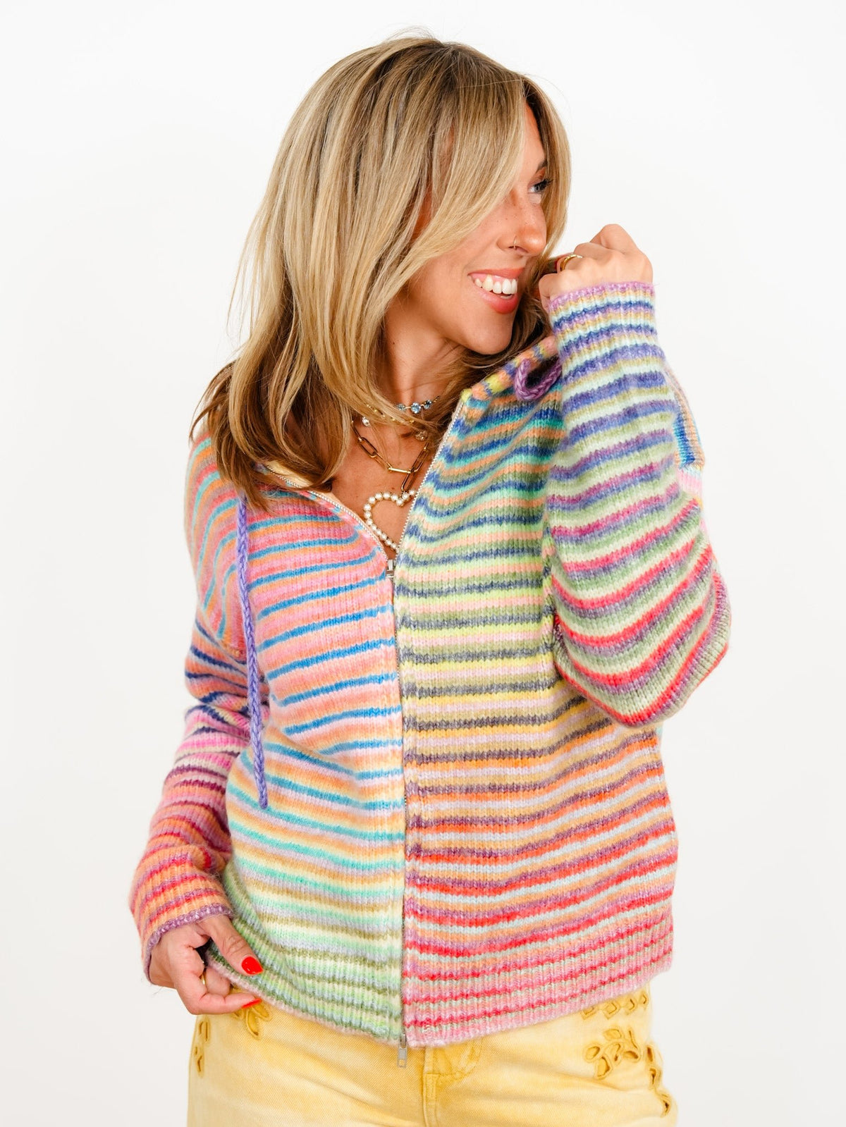 Restock! Rainbow Striped Long Sleeve Zip-Up Hooded Sweater - Freckled Poppy