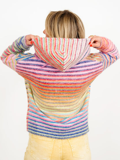 Restock! Rainbow Striped Long Sleeve Zip-Up Hooded Sweater - Freckled Poppy