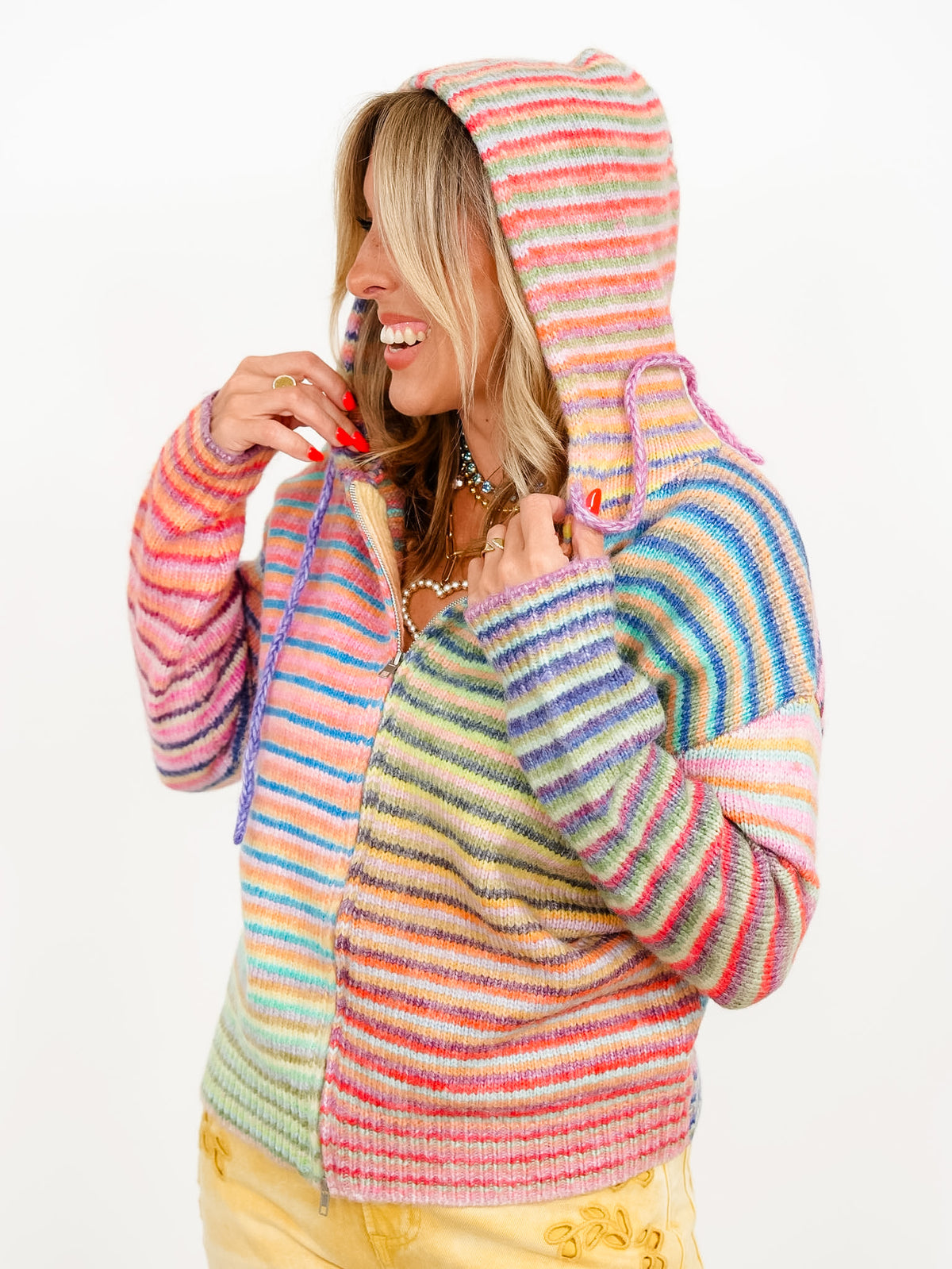 Restock! Rainbow Striped Long Sleeve Zip-Up Hooded Sweater - Freckled Poppy