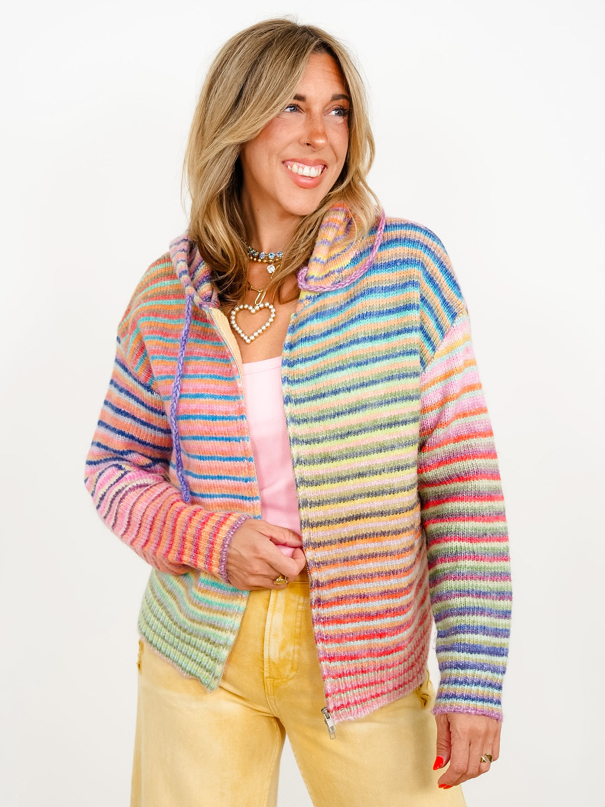 Restock! Rainbow Striped Long Sleeve Zip-Up Hooded Sweater - Freckled Poppy