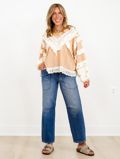 POL Textured Long Sleeve Top with Floral Ruffle Detail - Freckled Poppy