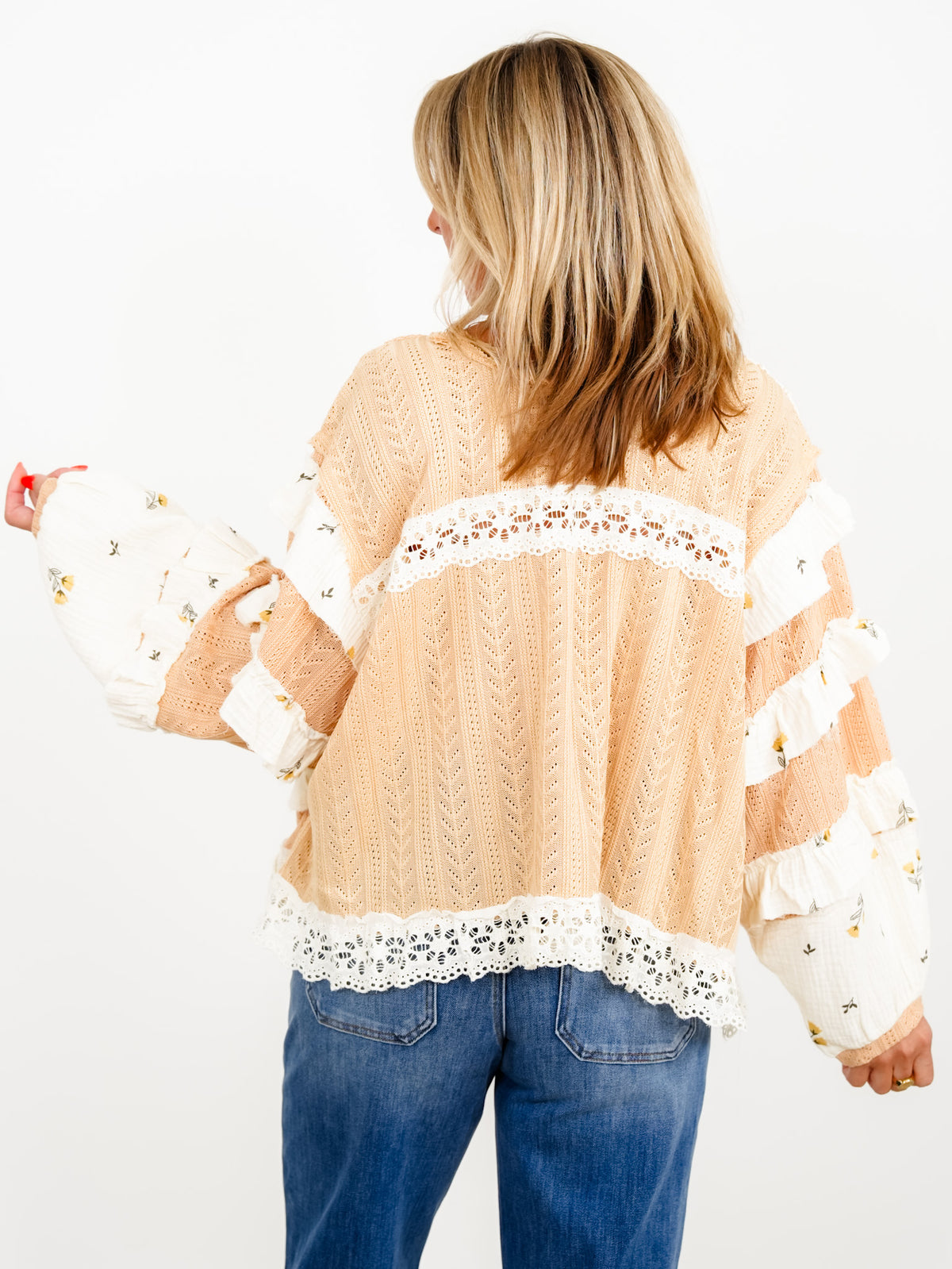 POL Textured Long Sleeve Top with Floral Ruffle Detail - Freckled Poppy