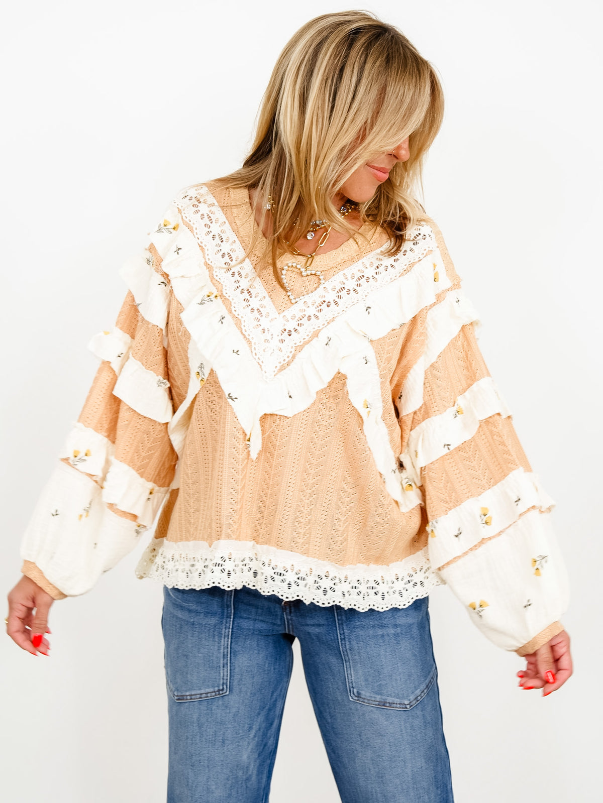 POL Textured Long Sleeve Top with Floral Ruffle Detail - Freckled Poppy