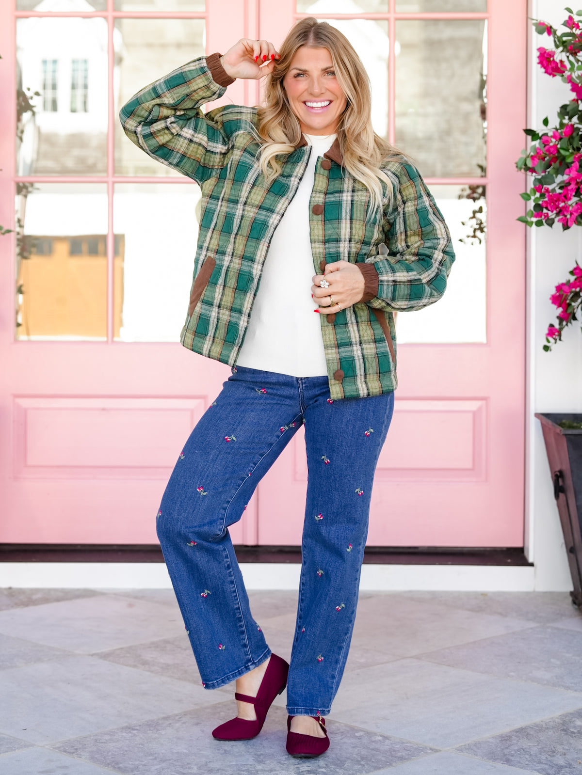 Quilted Plaid Long Sleeve Button Down Jacket - Freckled Poppy