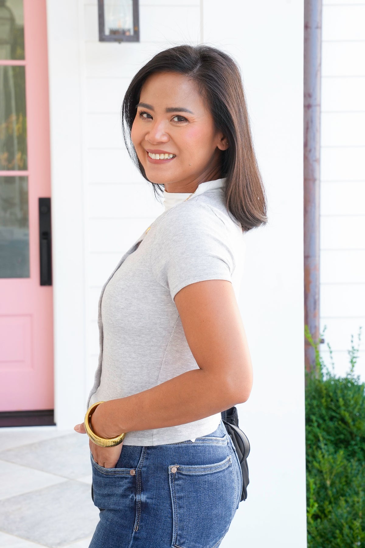 Grey Ribbed Short Sleeve Button Down Top - Freckled Poppy