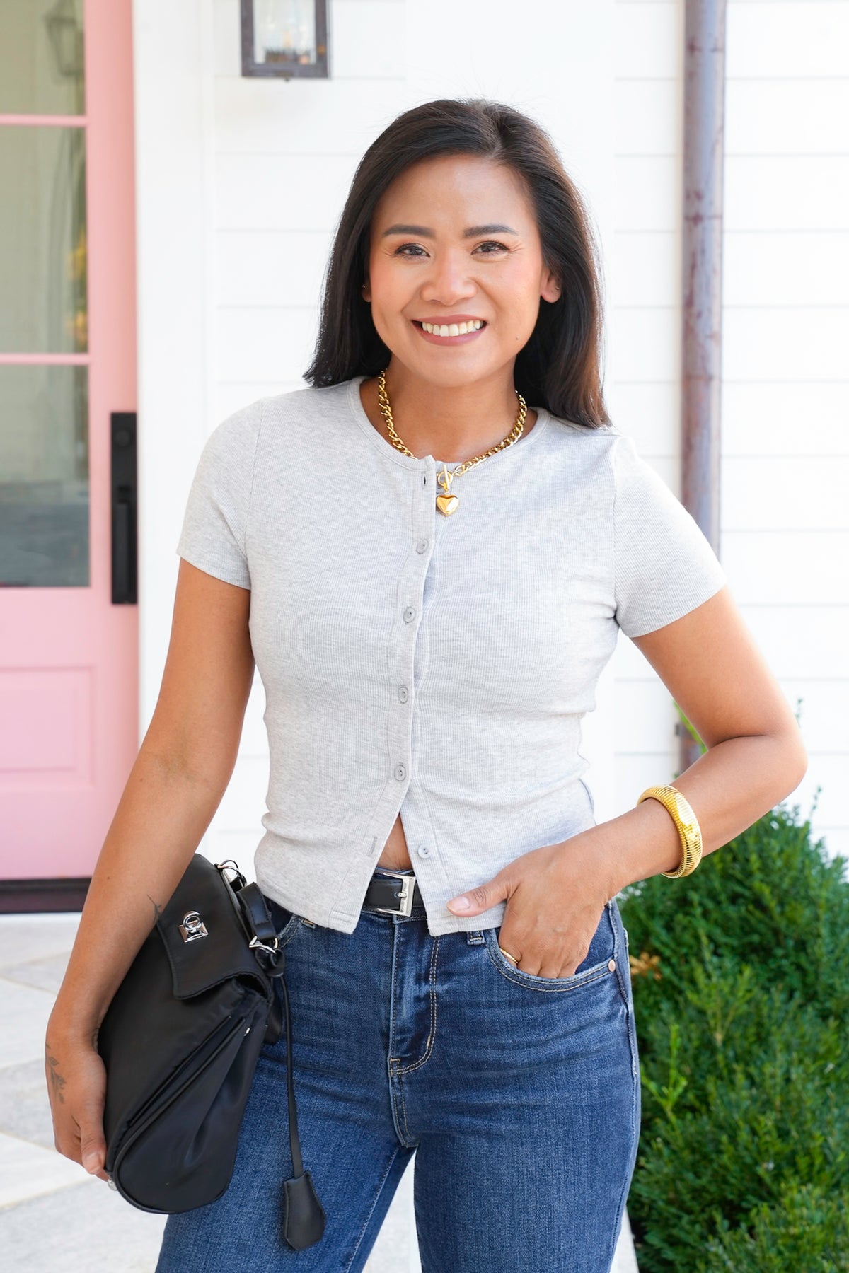 Grey Ribbed Short Sleeve Button Down Top - Freckled Poppy