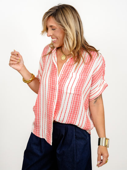 Striped Short Sleeve Button Down Shirt - Freckled Poppy