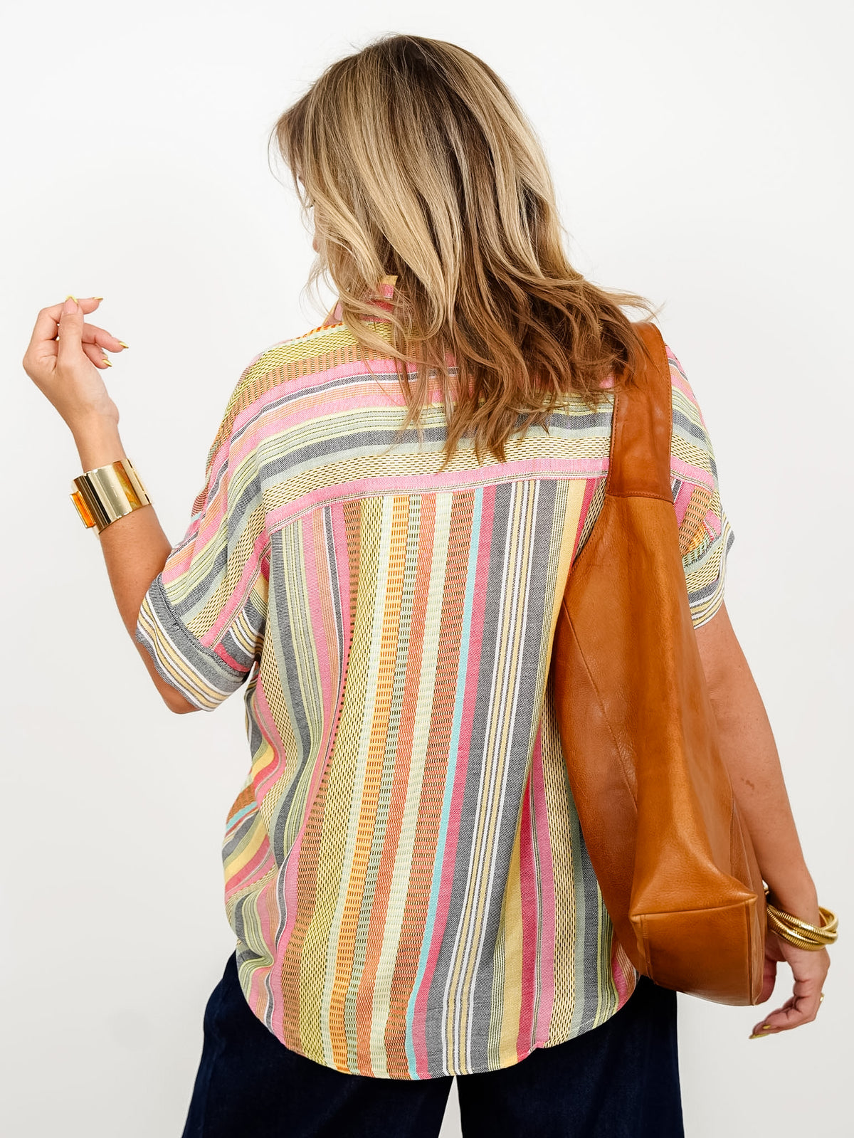 Multi Color Striped Short Sleeve Button Down Shirt - Freckled Poppy