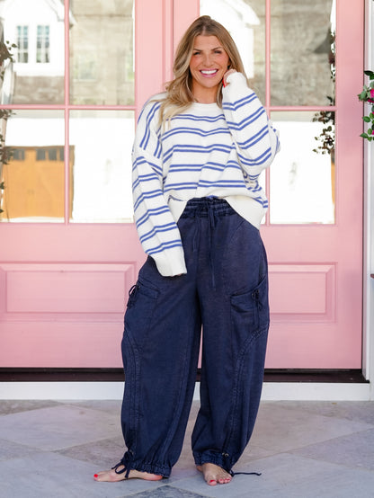 White and Blue Stripe Long Sleeve Pullover Sweater