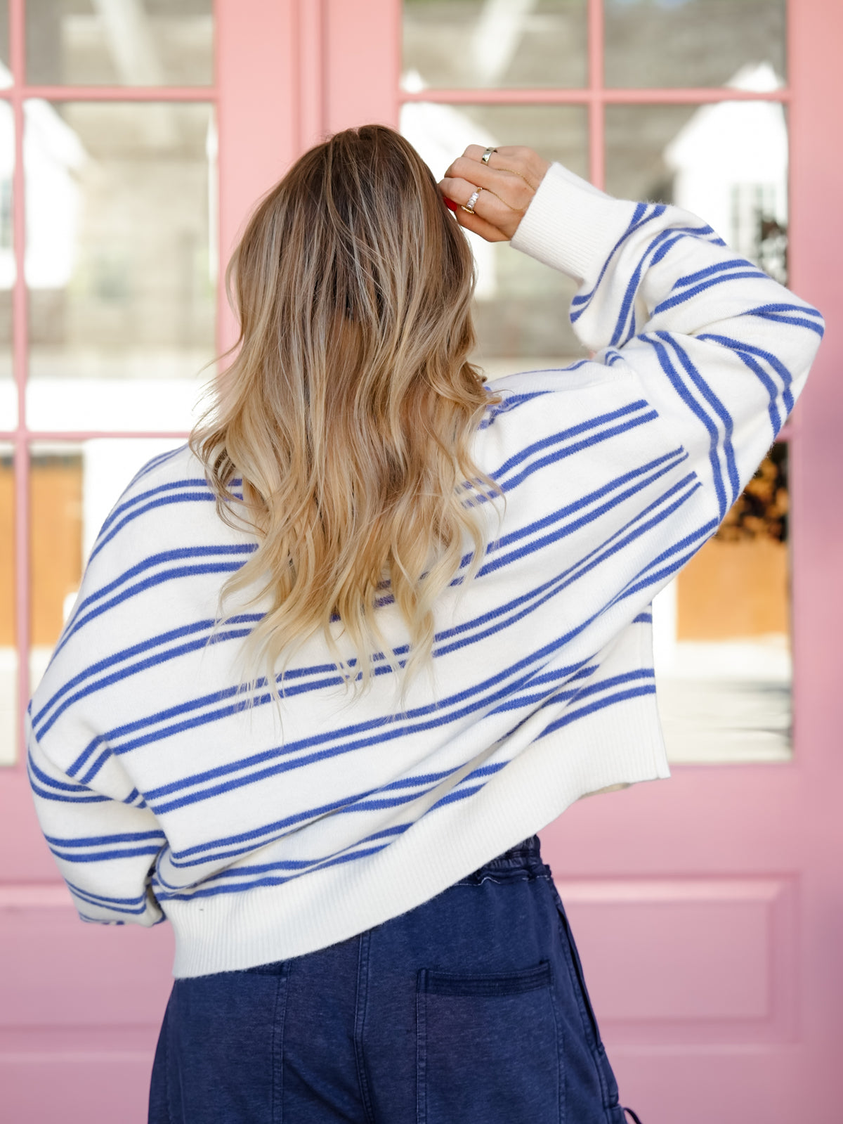 White and Blue Stripe Long Sleeve Pullover Sweater