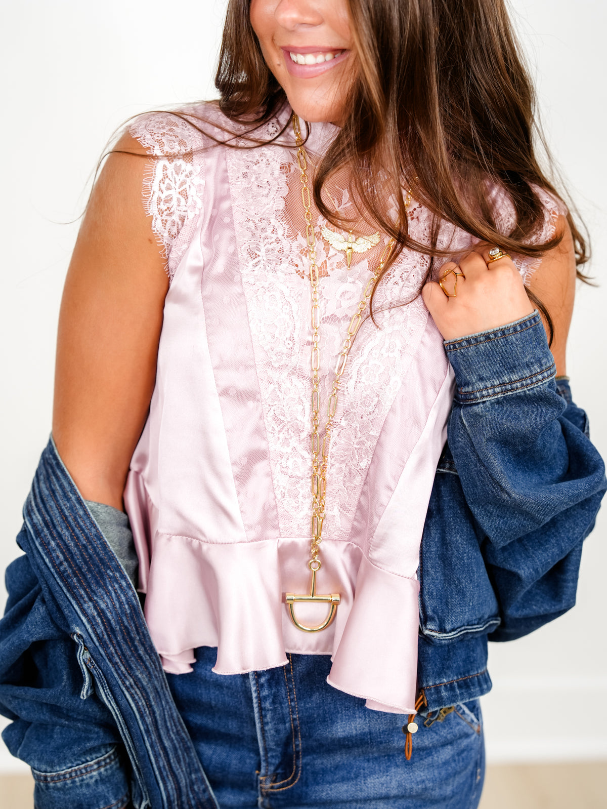 Satin Sleeveless Mock Neck Peplum Top with Lace Trim - Freckled Poppy