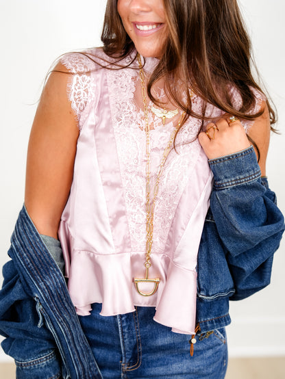 Satin Sleeveless Mock Neck Peplum Top with Lace Trim - Freckled Poppy