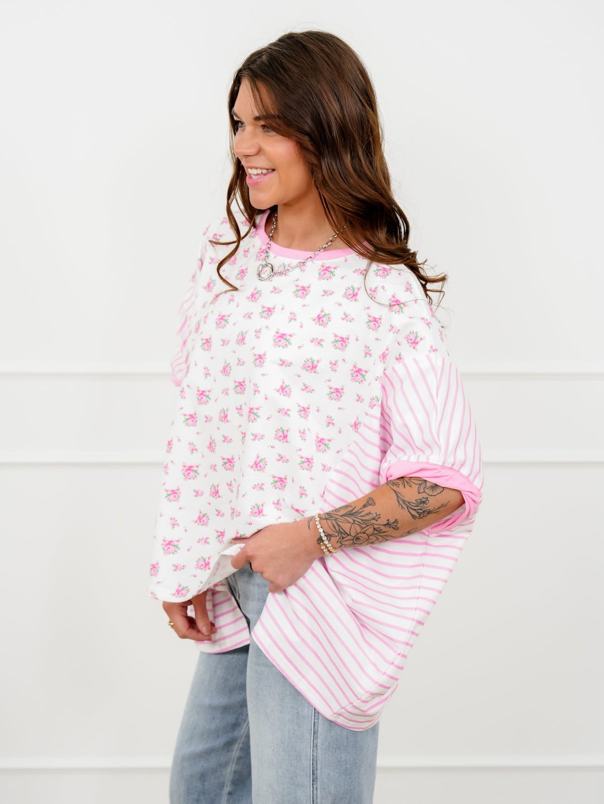Floral and Stripe Print Short Sleeve Top - Freckled Poppy
