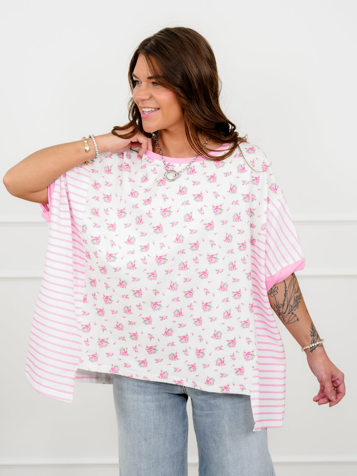 Floral and Stripe Print Short Sleeve Top - Freckled Poppy